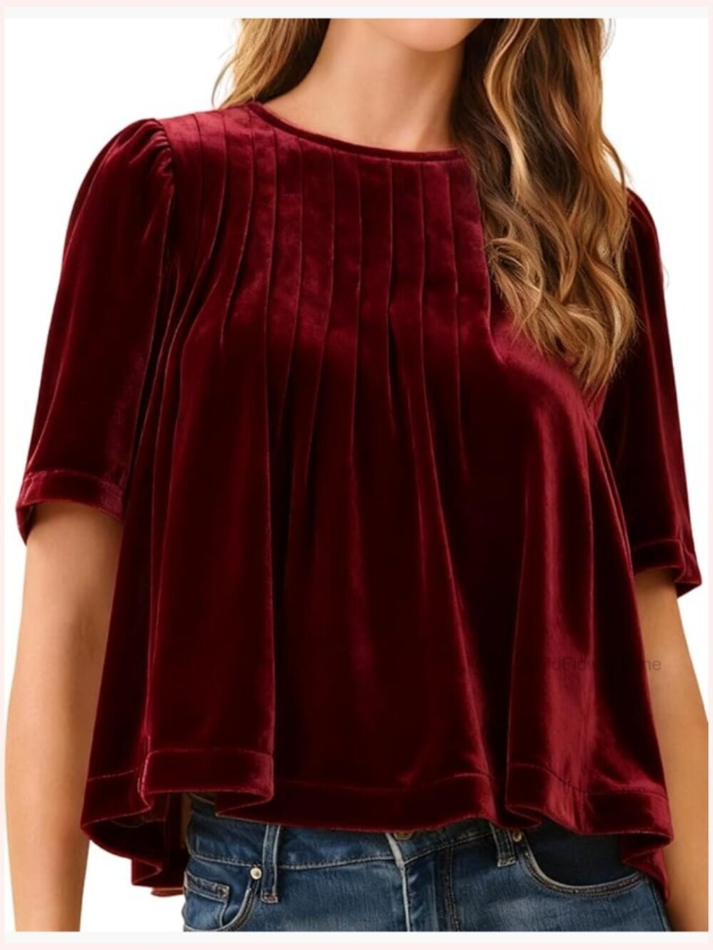 Velvet Peplum Babydoll Tops Casual Crewneck Pleated Blouse Short Sleeve Flared